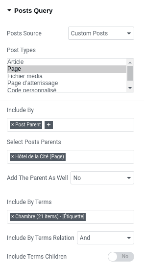 Copie d'écran du back office Elementor montrant la Posts Query des chambres de l'Hôtel de la Cité.